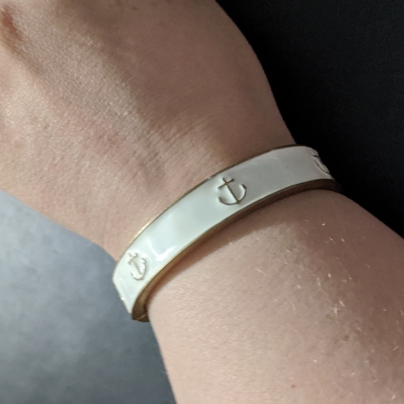 Gold Tone White Enamel Anchor Hinged Cuff Statement Bracelet - Picture 1 of 5